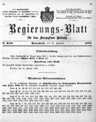 Regierungs-Blatt für das Herzogtum Coburg (Coburger Regierungs-Blatt) Samstag 21. Januar 1905