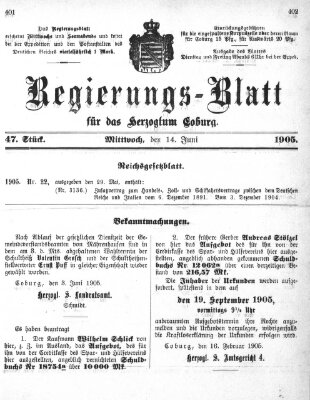 Regierungs-Blatt für das Herzogtum Coburg (Coburger Regierungs-Blatt) Mittwoch 14. Juni 1905