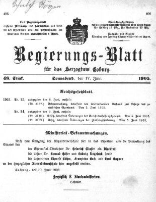 Regierungs-Blatt für das Herzogtum Coburg (Coburger Regierungs-Blatt) Samstag 17. Juni 1905