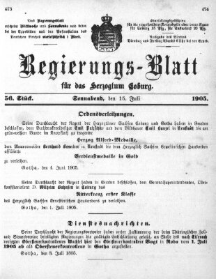 Regierungs-Blatt für das Herzogtum Coburg (Coburger Regierungs-Blatt) Samstag 15. Juli 1905