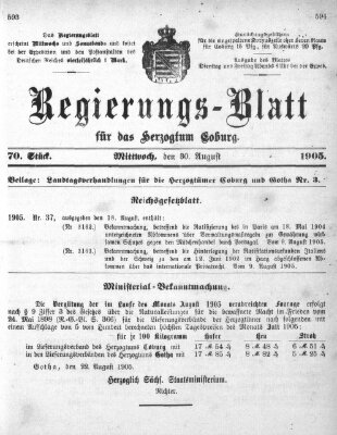 Regierungs-Blatt für das Herzogtum Coburg (Coburger Regierungs-Blatt) Mittwoch 30. August 1905