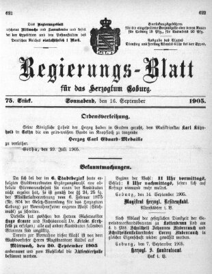 Regierungs-Blatt für das Herzogtum Coburg (Coburger Regierungs-Blatt) Samstag 16. September 1905