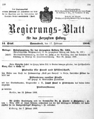 Regierungs-Blatt für das Herzogtum Coburg (Coburger Regierungs-Blatt) Samstag 17. Februar 1906