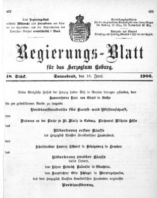 Regierungs-Blatt für das Herzogtum Coburg (Coburger Regierungs-Blatt) Samstag 16. Juni 1906