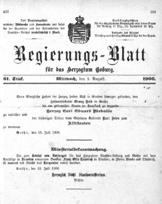 Regierungs-Blatt für das Herzogtum Coburg (Coburger Regierungs-Blatt) Mittwoch 1. August 1906