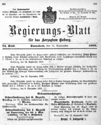 Regierungs-Blatt für das Herzogtum Coburg (Coburger Regierungs-Blatt) Samstag 15. September 1906