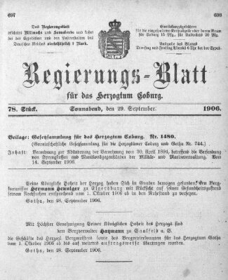 Regierungs-Blatt für das Herzogtum Coburg (Coburger Regierungs-Blatt) Samstag 29. September 1906