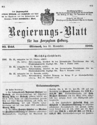 Regierungs-Blatt für das Herzogtum Coburg (Coburger Regierungs-Blatt) Mittwoch 21. November 1906