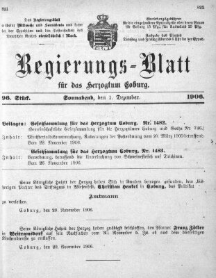 Regierungs-Blatt für das Herzogtum Coburg (Coburger Regierungs-Blatt) Samstag 1. Dezember 1906