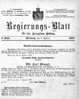 Regierungs-Blatt für das Herzogtum Coburg (Coburger Regierungs-Blatt) Mittwoch 9. Januar 1907