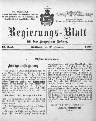 Regierungs-Blatt für das Herzogtum Coburg (Coburger Regierungs-Blatt) Mittwoch 27. Februar 1907