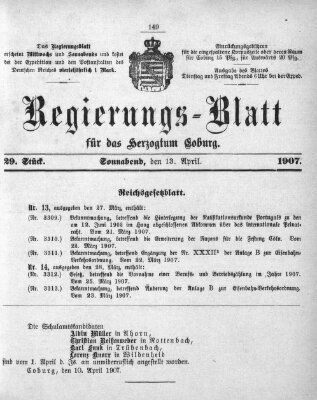 Regierungs-Blatt für das Herzogtum Coburg (Coburger Regierungs-Blatt) Samstag 13. April 1907