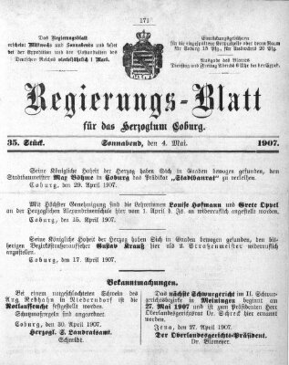 Regierungs-Blatt für das Herzogtum Coburg (Coburger Regierungs-Blatt) Samstag 4. Mai 1907