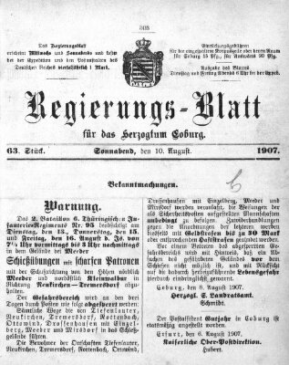 Regierungs-Blatt für das Herzogtum Coburg (Coburger Regierungs-Blatt) Samstag 10. August 1907