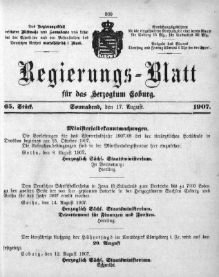 Regierungs-Blatt für das Herzogtum Coburg (Coburger Regierungs-Blatt) Samstag 17. August 1907