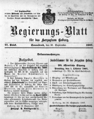 Regierungs-Blatt für das Herzogtum Coburg (Coburger Regierungs-Blatt) Samstag 28. September 1907