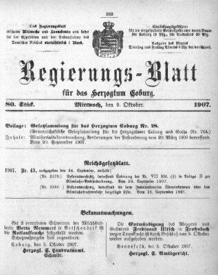 Regierungs-Blatt für das Herzogtum Coburg (Coburger Regierungs-Blatt) Mittwoch 9. Oktober 1907