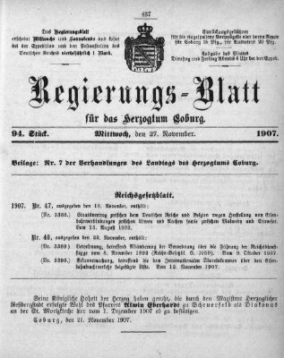 Regierungs-Blatt für das Herzogtum Coburg (Coburger Regierungs-Blatt) Mittwoch 27. November 1907