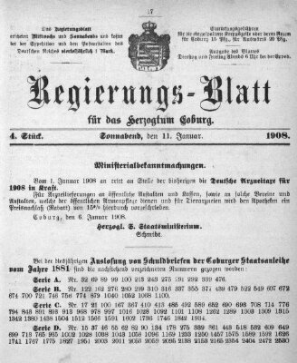 Regierungs-Blatt für das Herzogtum Coburg (Coburger Regierungs-Blatt) Samstag 11. Januar 1908