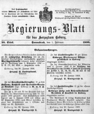 Regierungs-Blatt für das Herzogtum Coburg (Coburger Regierungs-Blatt) Samstag 1. Februar 1908