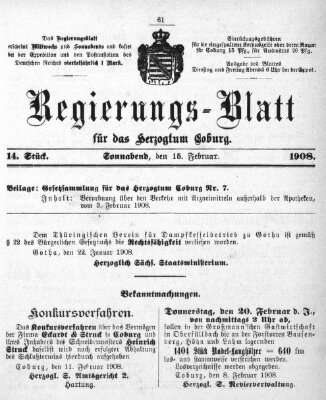 Regierungs-Blatt für das Herzogtum Coburg (Coburger Regierungs-Blatt) Samstag 15. Februar 1908