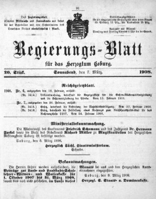 Regierungs-Blatt für das Herzogtum Coburg (Coburger Regierungs-Blatt) Samstag 7. März 1908