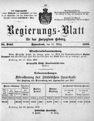 Regierungs-Blatt für das Herzogtum Coburg (Coburger Regierungs-Blatt) Samstag 21. März 1908