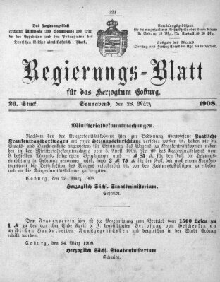 Regierungs-Blatt für das Herzogtum Coburg (Coburger Regierungs-Blatt) Samstag 28. März 1908