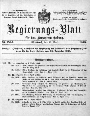 Regierungs-Blatt für das Herzogtum Coburg (Coburger Regierungs-Blatt) Mittwoch 29. April 1908