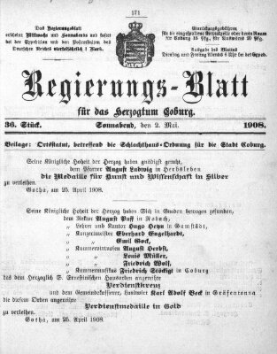 Regierungs-Blatt für das Herzogtum Coburg (Coburger Regierungs-Blatt) Samstag 2. Mai 1908