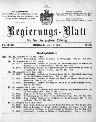 Regierungs-Blatt für das Herzogtum Coburg (Coburger Regierungs-Blatt) Mittwoch 17. Juni 1908