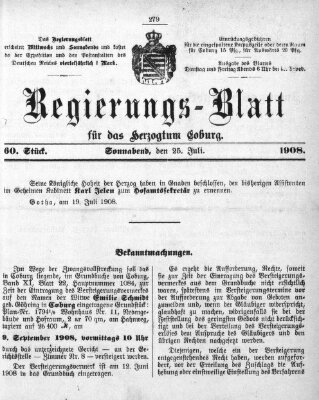 Regierungs-Blatt für das Herzogtum Coburg (Coburger Regierungs-Blatt) Samstag 25. Juli 1908