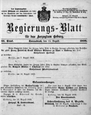 Regierungs-Blatt für das Herzogtum Coburg (Coburger Regierungs-Blatt) Samstag 15. August 1908