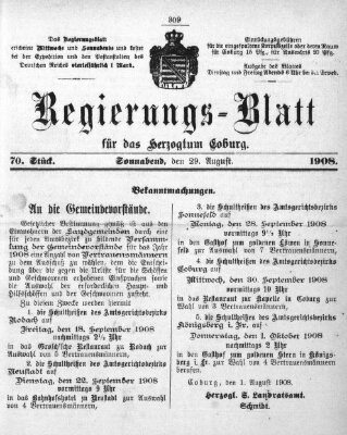 Regierungs-Blatt für das Herzogtum Coburg (Coburger Regierungs-Blatt) Samstag 29. August 1908