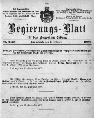 Regierungs-Blatt für das Herzogtum Coburg (Coburger Regierungs-Blatt) Donnerstag 8. Oktober 1908