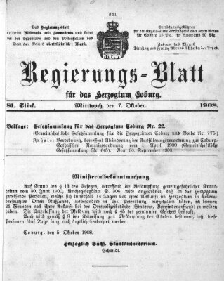 Regierungs-Blatt für das Herzogtum Coburg (Coburger Regierungs-Blatt) Mittwoch 7. Oktober 1908