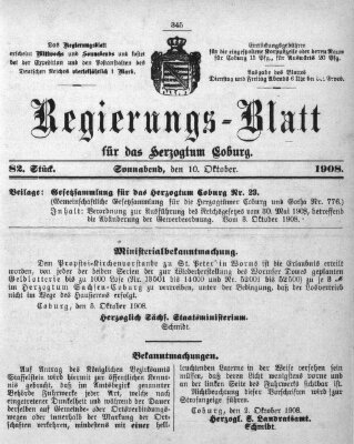 Regierungs-Blatt für das Herzogtum Coburg (Coburger Regierungs-Blatt) Samstag 10. Oktober 1908