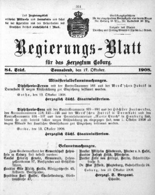 Regierungs-Blatt für das Herzogtum Coburg (Coburger Regierungs-Blatt) Samstag 17. Oktober 1908