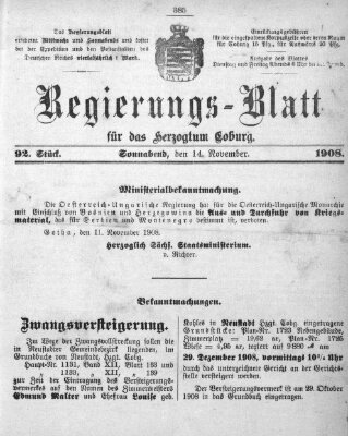 Regierungs-Blatt für das Herzogtum Coburg (Coburger Regierungs-Blatt) Samstag 14. November 1908