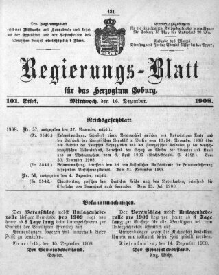 Regierungs-Blatt für das Herzogtum Coburg (Coburger Regierungs-Blatt) Mittwoch 16. Dezember 1908