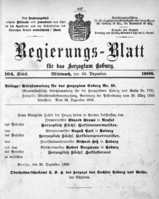 Regierungs-Blatt für das Herzogtum Coburg (Coburger Regierungs-Blatt) Mittwoch 30. Dezember 1908