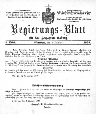 Regierungs-Blatt für das Herzogtum Coburg (Coburger Regierungs-Blatt) Mittwoch 6. Januar 1909