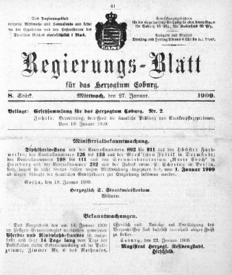 Regierungs-Blatt für das Herzogtum Coburg (Coburger Regierungs-Blatt) Mittwoch 27. Januar 1909