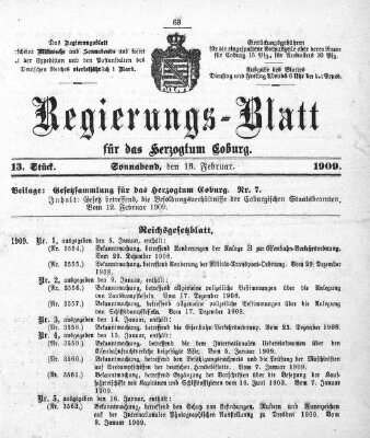 Regierungs-Blatt für das Herzogtum Coburg (Coburger Regierungs-Blatt) Samstag 13. Februar 1909