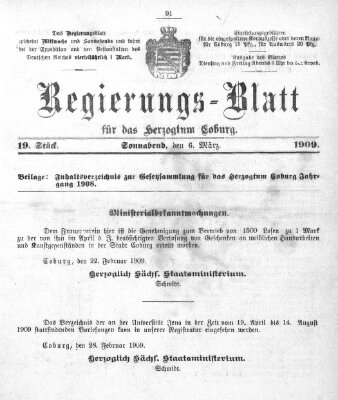 Regierungs-Blatt für das Herzogtum Coburg (Coburger Regierungs-Blatt) Samstag 6. März 1909