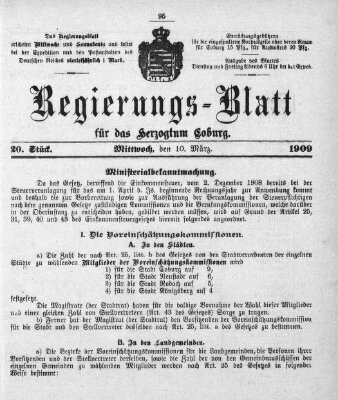 Regierungs-Blatt für das Herzogtum Coburg (Coburger Regierungs-Blatt) Mittwoch 10. März 1909