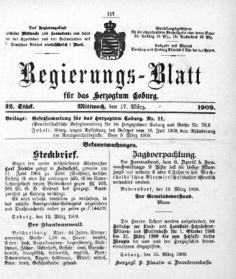 Regierungs-Blatt für das Herzogtum Coburg (Coburger Regierungs-Blatt) Mittwoch 17. März 1909