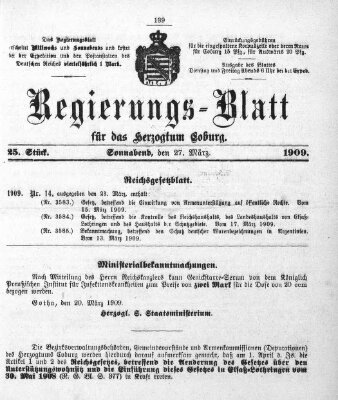 Regierungs-Blatt für das Herzogtum Coburg (Coburger Regierungs-Blatt) Samstag 27. März 1909