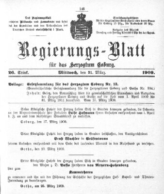 Regierungs-Blatt für das Herzogtum Coburg (Coburger Regierungs-Blatt) Mittwoch 31. März 1909