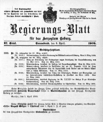 Regierungs-Blatt für das Herzogtum Coburg (Coburger Regierungs-Blatt) Samstag 3. April 1909